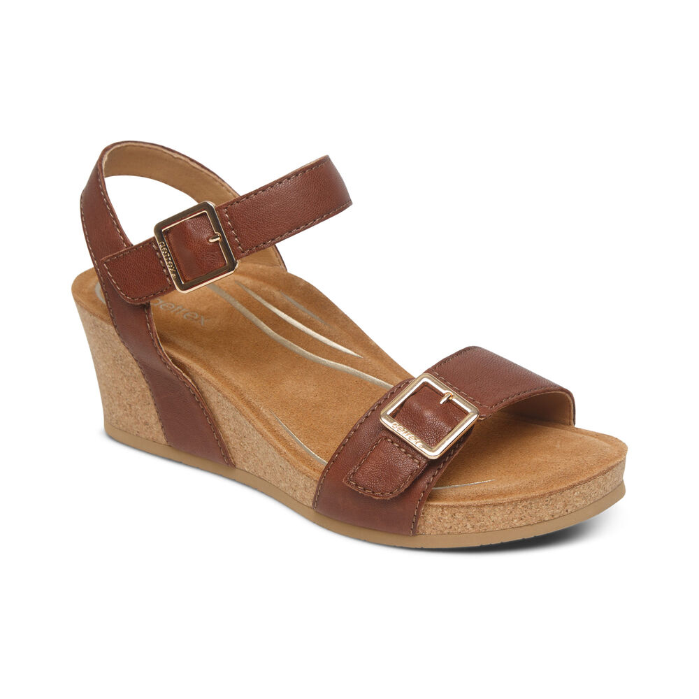 Aetrex Women's Lexa Quarter Strap Wedge Sandals - Walnut | USA RC978RC